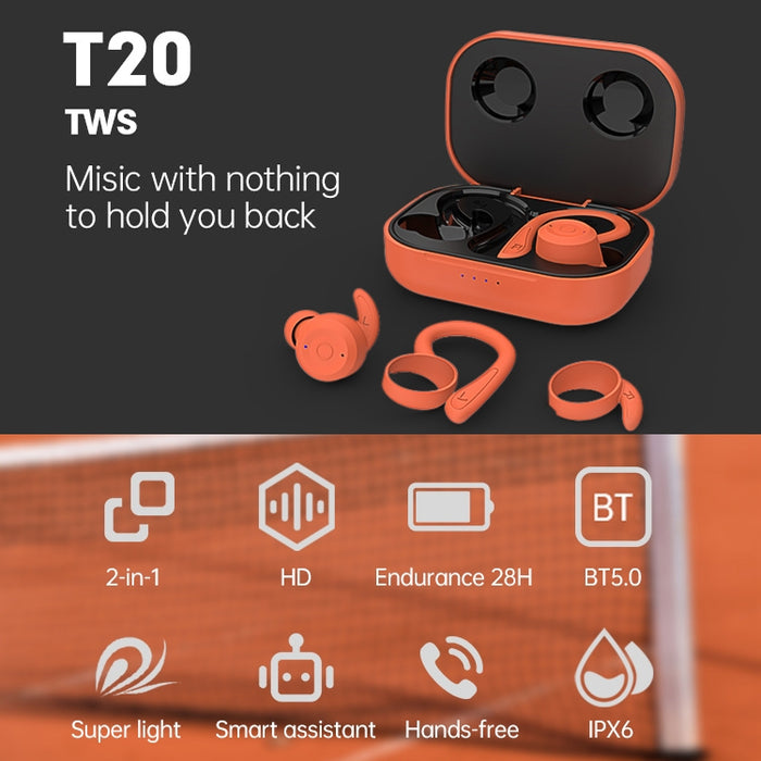 T20 TWS Bluetooth Hooks Auriculares deportivos inalámbricos con caja de carga IPX6 Auriculares impermeables con cancelación de ruido