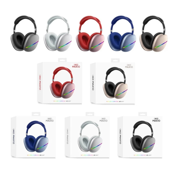 AKZ MAX10 Auriculares de música inalámbricos con Bluetooth RGB montados en la cabeza con micrófono, compatible con tarjeta TF