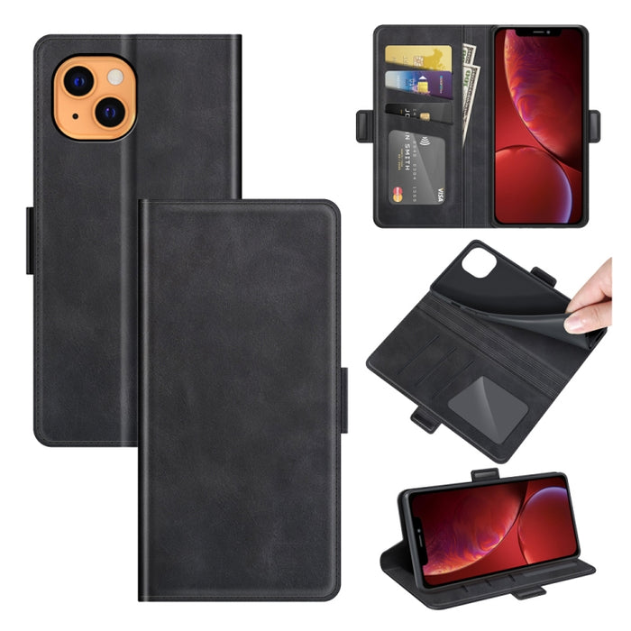 Estuche de cuero con tapa horizontal con hebilla magnética de doble cara con soporte y ranuras para tarjetas y billetera para iPhone 13