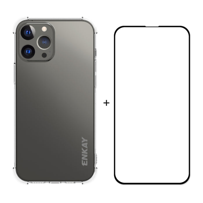 Hat-Prince ENKAY Clear TPU Estuche suave a prueba de golpes Cubierta de protección contra caídas + Cobertura completa Película protectora de vidrio templado, For iPhone 13 mini, For iPhone 13, For iPhone 13 Pro, For iPhone 13 Pro Max