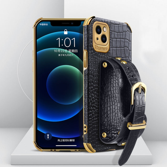 Estuche de cuero con patrón de cocodrilo de TPU electrochapado con correa para la muñeca, For iPhone 13 Pro Max, For iPhone 13 Pro, For iPhone 13, For iPhone 13 mini