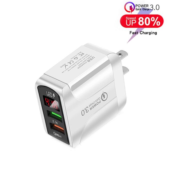 F002C QC3.0 USB + USB 2.0 LED Pantalla digital Cargador rápido con USB a cable de datos de 8 pines, enchufe de EE. UU., US Plug +  8 Pin Cable