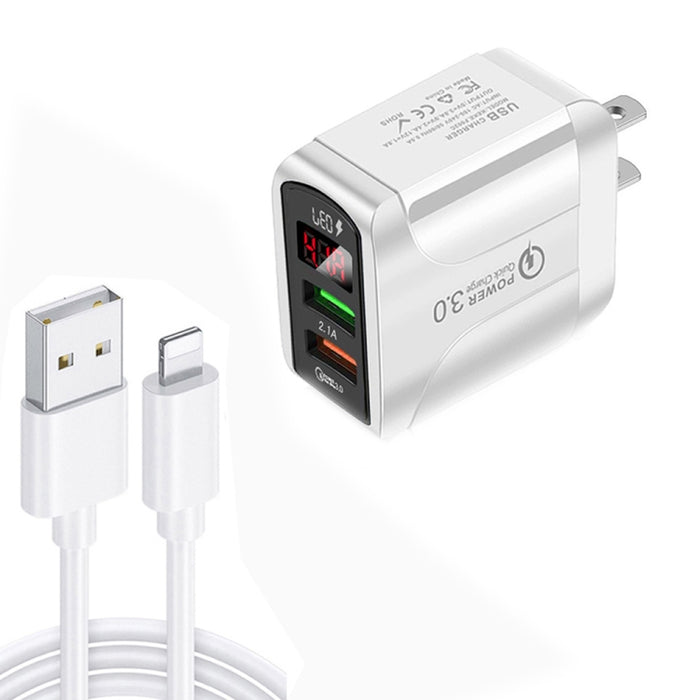 F002C QC3.0 USB + USB 2.0 LED Pantalla digital Cargador rápido con USB a cable de datos de 8 pines, enchufe de EE. UU., US Plug +  8 Pin Cable