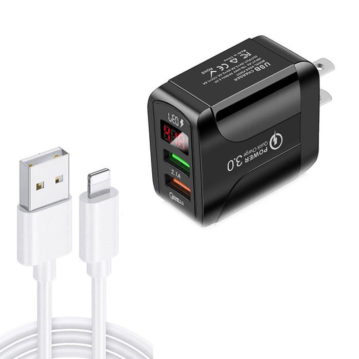 F002C QC3.0 USB + USB 2.0 LED Pantalla digital Cargador rápido con USB a cable de datos de 8 pines, enchufe de EE. UU., US Plug +  8 Pin Cable
