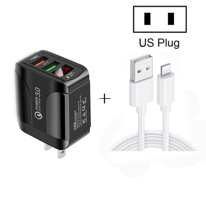 F002C QC3.0 USB + USB 2.0 LED Pantalla digital Cargador rápido con USB a cable de datos de 8 pines, enchufe de EE. UU., US Plug +  8 Pin Cable
