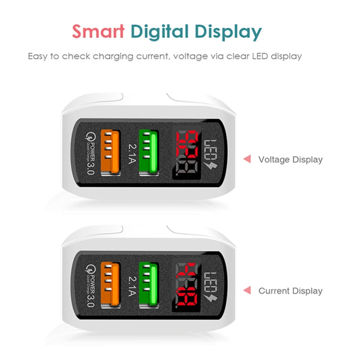 F002C QC3.0 USB + USB 2.0 LED Pantalla digital Cargador rápido con USB a cable de datos de 8 pines, enchufe de EE. UU., US Plug +  8 Pin Cable