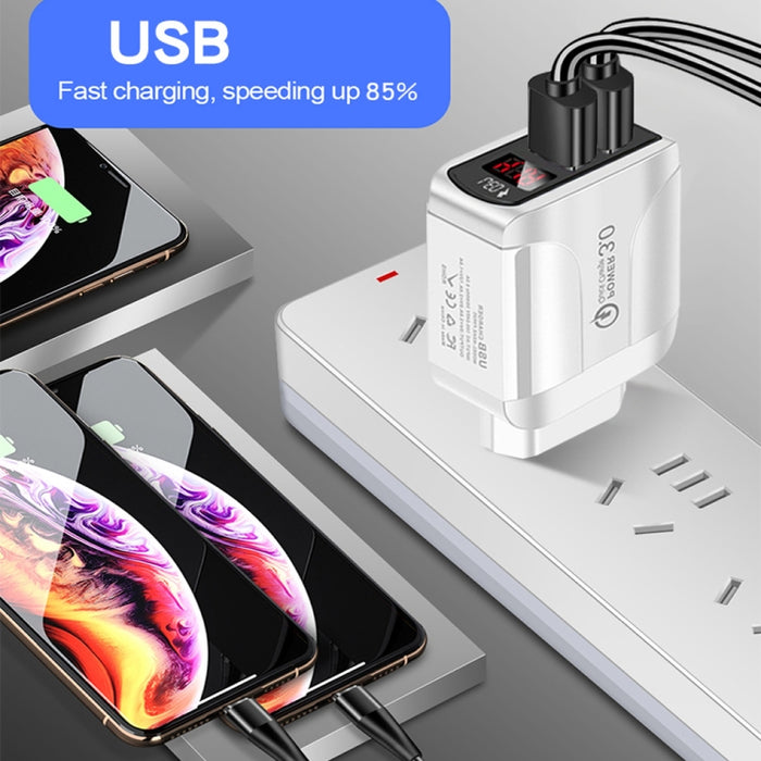 F002C QC3.0 USB + USB 2.0 LED Pantalla digital Cargador rápido con USB a cable de datos de 8 pines, enchufe de EE. UU., US Plug +  8 Pin Cable