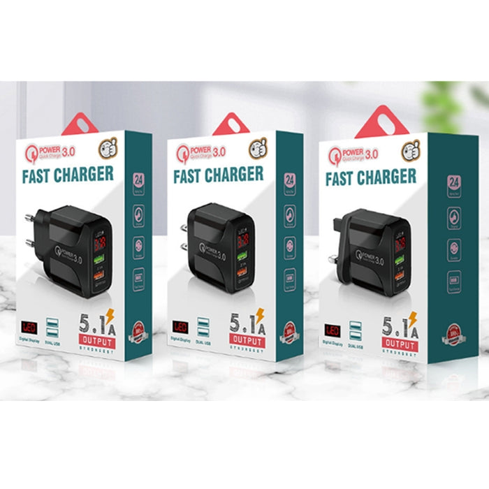 F002C QC3.0 USB + USB 2.0 LED Pantalla digital Cargador rápido con USB a cable de datos de 8 pines, enchufe de EE. UU., US Plug +  8 Pin Cable