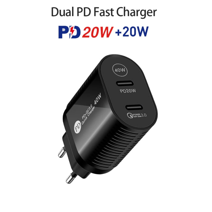 Cargador rápido PD / tipo C de doble puerto de 40 W para la serie iPhone / iPad, enchufe de EE. UU., US Plug