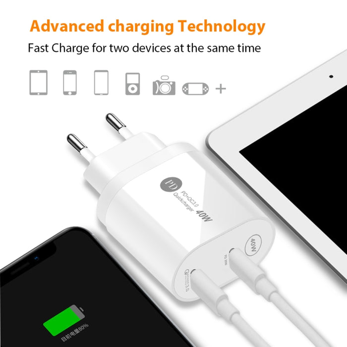 Cargador rápido PD / tipo C de doble puerto de 40 W para la serie iPhone / iPad, enchufe de EE. UU., US Plug