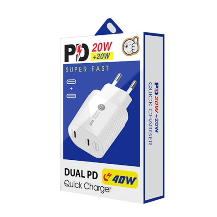 Cargador rápido PD / Type-C de doble puerto de 40 W para iPhone / iPad Series, enchufe de la UE, EU Plug