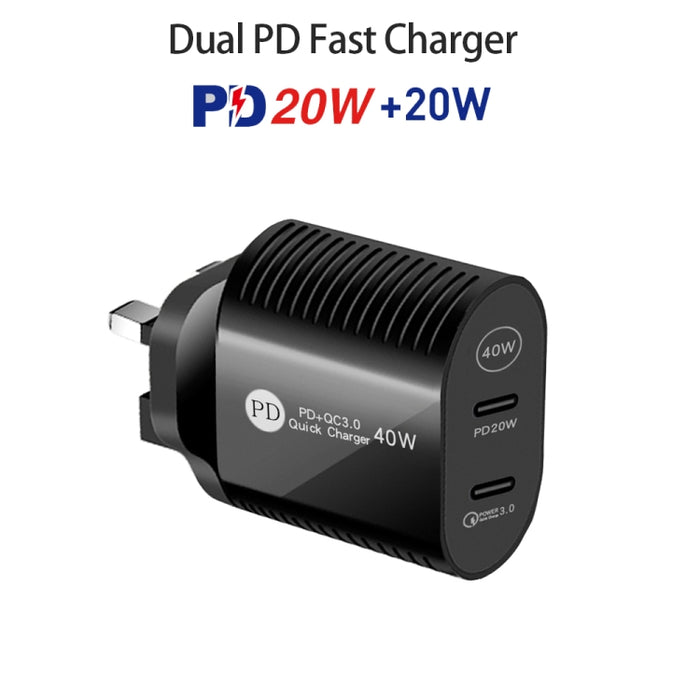 Cargador rápido PD / Type-C de doble puerto de 40 W para iPhone / iPad Series, enchufe de Reino Unido, UK Plug