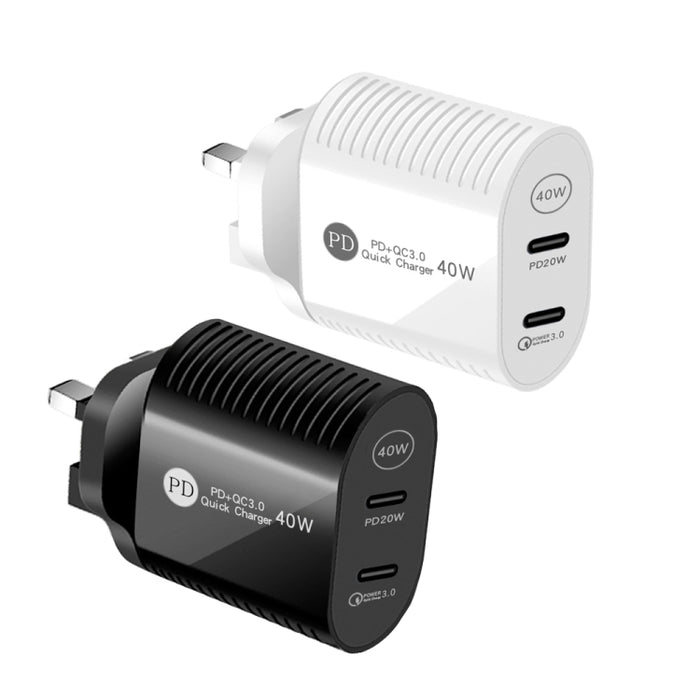 Cargador rápido PD / Type-C de doble puerto de 40 W para iPhone / iPad Series, enchufe de Reino Unido, UK Plug