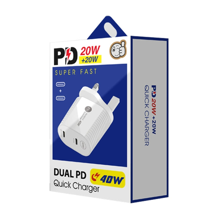 Cargador rápido PD / Type-C de doble puerto de 40 W para iPhone / iPad Series, enchufe de Reino Unido, UK Plug
