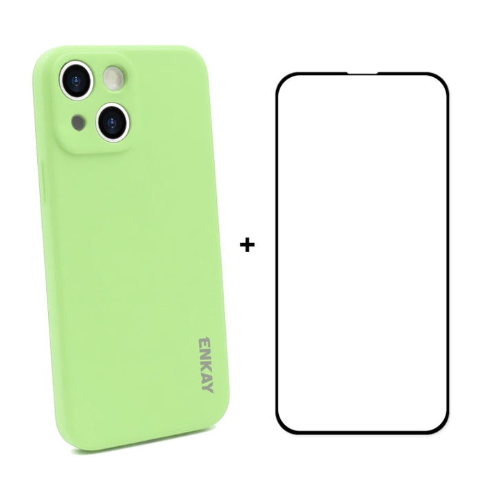Hat-Prince ENKAY Funda protectora de silicona líquida a prueba de golpes Funda protectora contra caídas + Película protectora de vidrio templado de cobertura completa para iPhone 13, For iPhone 13