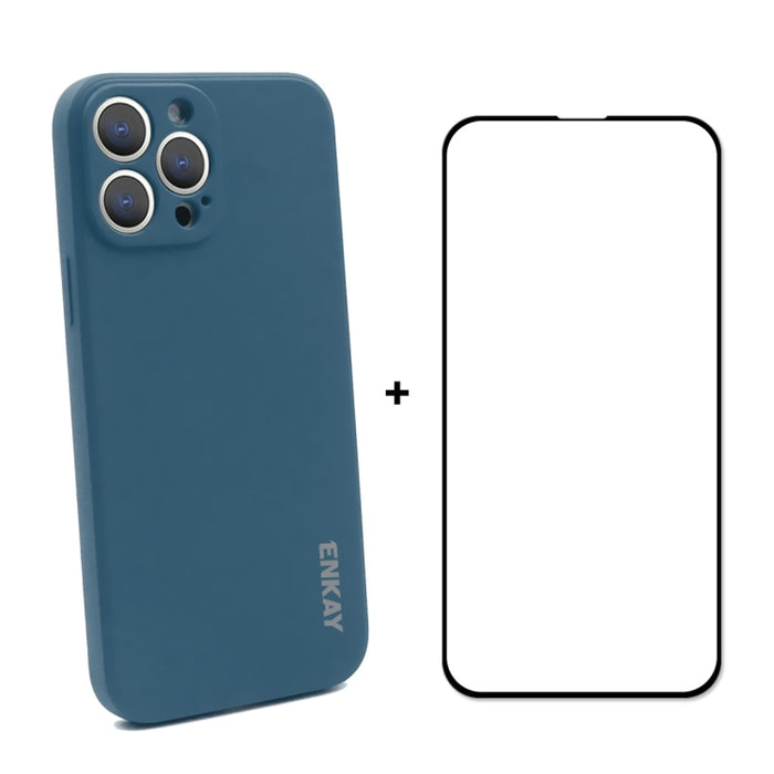 Hat-Prince ENKAY Funda protectora de silicona líquida a prueba de golpes Funda protectora contra caídas + Película protectora de vidrio templado de cobertura completa para iPhone 13 Pro, For iPhone 13 Pro