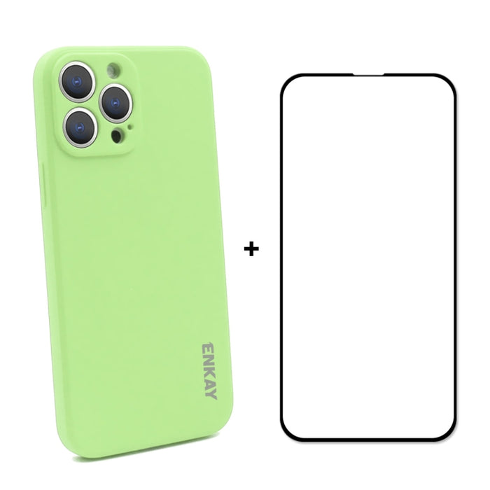 Hat-Prince ENKAY Funda protectora de silicona líquida a prueba de golpes Funda protectora contra caídas + Película protectora de vidrio templado de cobertura completa para iPhone 13 Pro, For iPhone 13 Pro