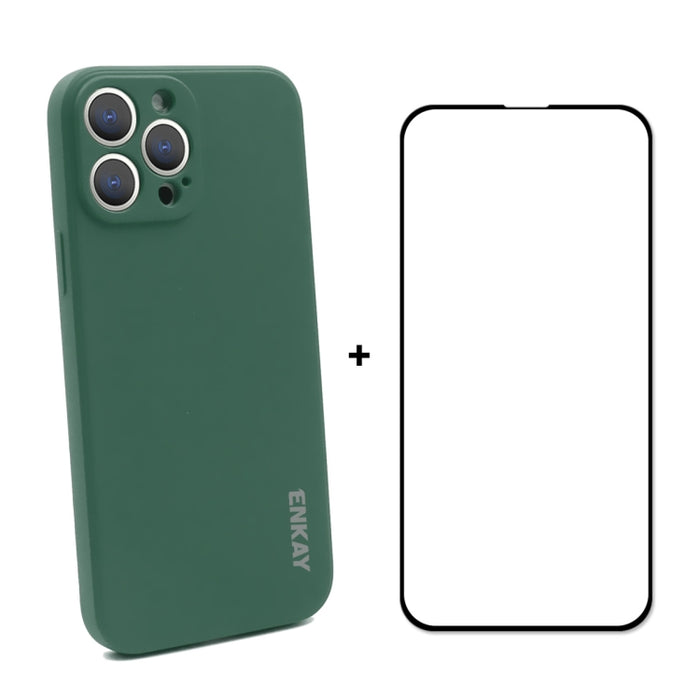 Hat-Prince ENKAY Funda protectora de silicona líquida a prueba de golpes Funda protectora contra caídas + Película protectora de vidrio templado de cobertura completa para iPhone 13 Pro Max, For iPhone 13 Pro Max