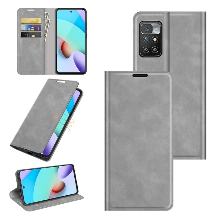 Para Xiaomi Redmi 10 Estuche de cuero con succión magnética de negocios de piel retro con soporte, ranuras para tarjetas y billetera, For Xiaomi Redmi 10