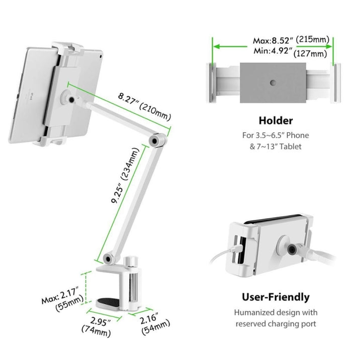 AP-7LC Soporte para teléfonos y tabletas, brazo largo de elevación ajustable giratorio de 360 grados, mesita de noche perezosa