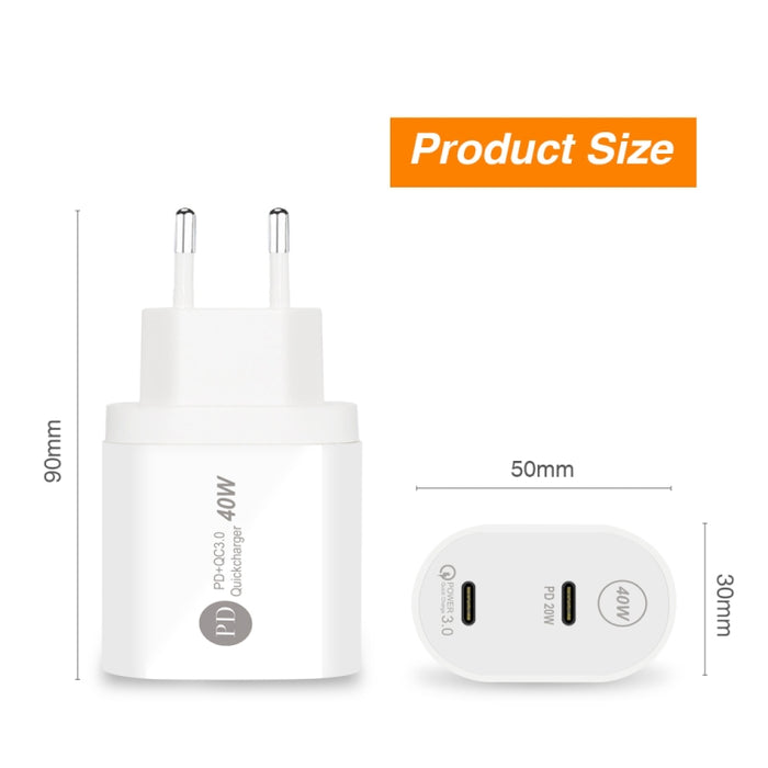 Cargador rápido 002 40W de doble puerto PD / Type-C para iPhone / iPad Series, enchufe de la UE, EU Plug