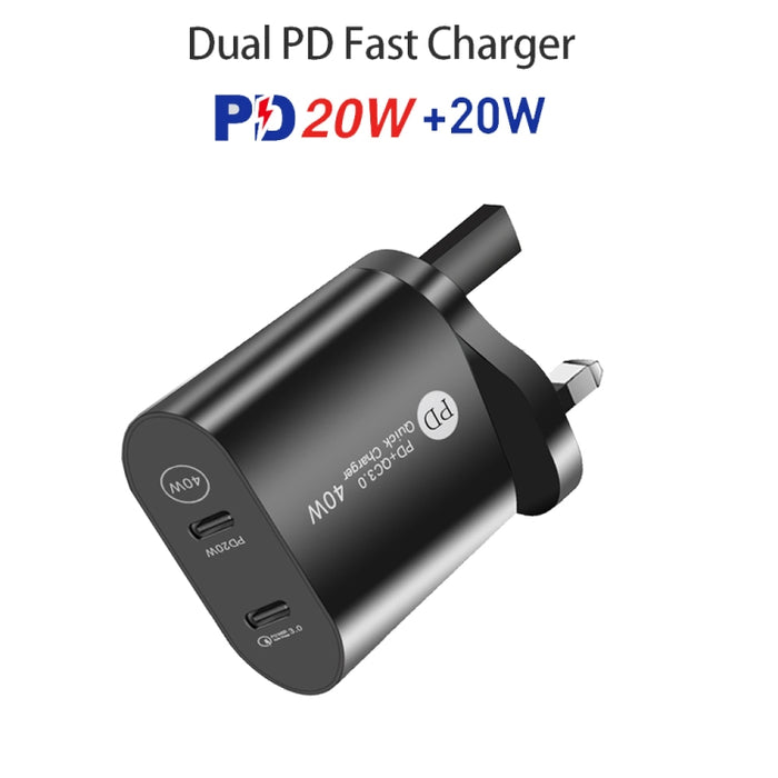 002 Cargador rápido PD USB-C / Type-C de doble puerto de 40 W para la serie iPhone / iPad, enchufe para el Reino Unido, UK Plug