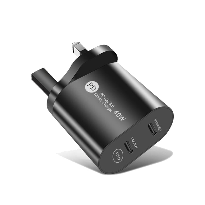 002 Cargador rápido PD USB-C / Type-C de doble puerto de 40 W para la serie iPhone / iPad, enchufe para el Reino Unido, UK Plug