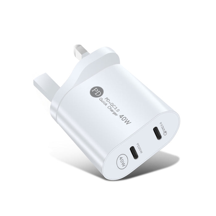 002 Cargador rápido PD USB-C / Type-C de doble puerto de 40 W para la serie iPhone / iPad, enchufe para el Reino Unido, UK Plug