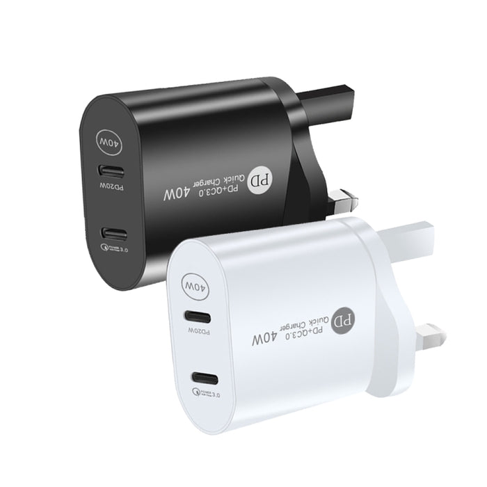 002 Cargador rápido PD USB-C / Type-C de doble puerto de 40 W para la serie iPhone / iPad, enchufe para el Reino Unido, UK Plug