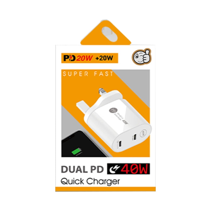 002 Cargador rápido PD USB-C / Type-C de doble puerto de 40 W para la serie iPhone / iPad, enchufe para el Reino Unido, UK Plug