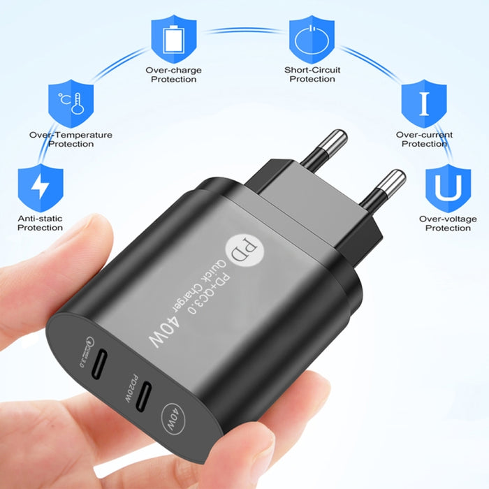 002 Cargador rápido PD USB-C / Type-C de doble puerto de 40 W para la serie iPhone / iPad, enchufe para el Reino Unido, UK Plug
