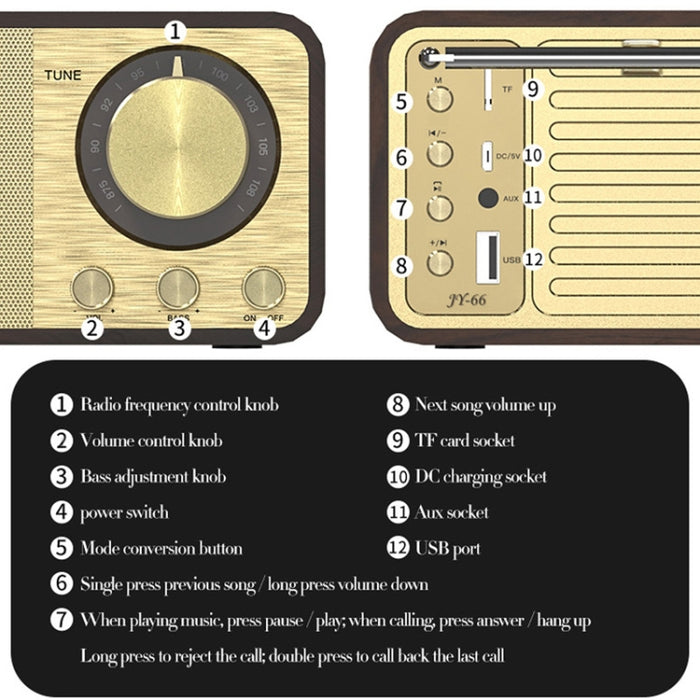 JY-66 Altavoz inalámbrico de madera BT5.0 Retro clásico Radio FM compatible con TF / U-Disk / AUX