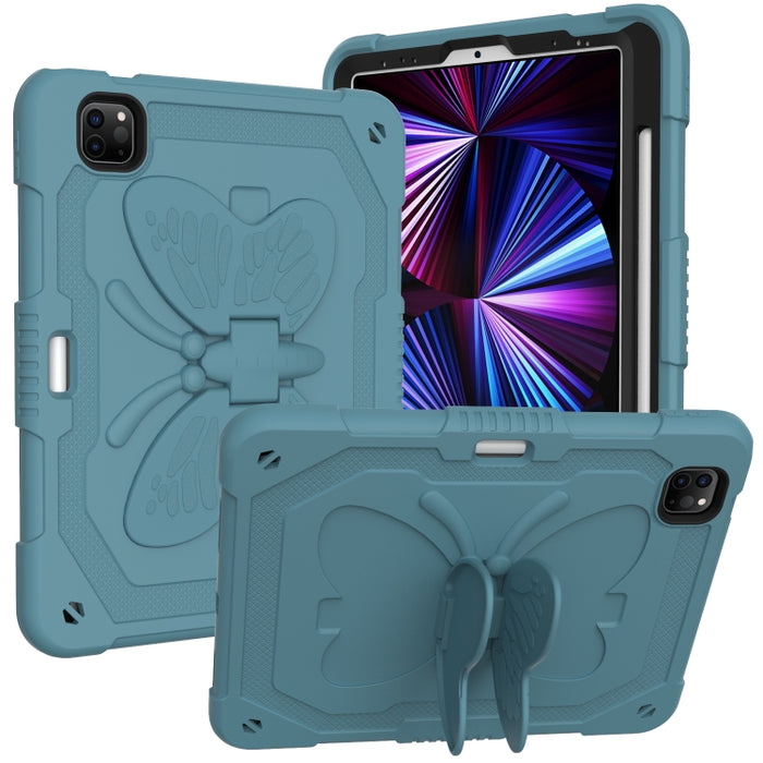 Pure Color PC + Funda para tableta anticaída de silicona con soporte de mariposa y ranura para bolígrafo para iPad Pro 11 2018 y 2020 y 2021 y Air 2020 10.9 (verde oscuro)