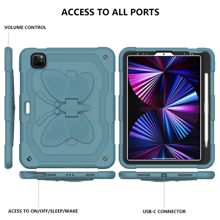 Pure Color PC + Funda para tableta anticaída de silicona con soporte de mariposa y ranura para bolígrafo para iPad Pro 11 2018 y 2020 y 2021 y Air 2020 10.9 (verde oscuro)