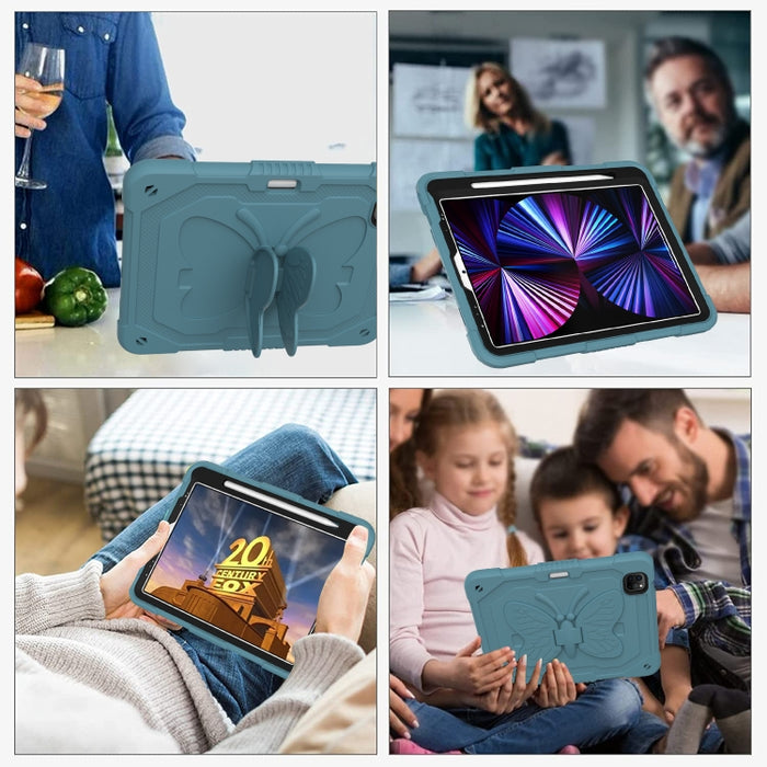 Pure Color PC + Funda para tableta anticaída de silicona con soporte de mariposa y ranura para bolígrafo para iPad Pro 11 2018 y 2020 y 2021 y Air 2020 10.9 (verde oscuro)