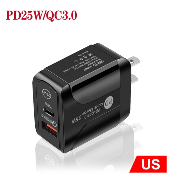 Cargador rápido de dos puertos USB PD25W USB-C / Type-C + QC3.0, enchufe de EE. UU., US Plug