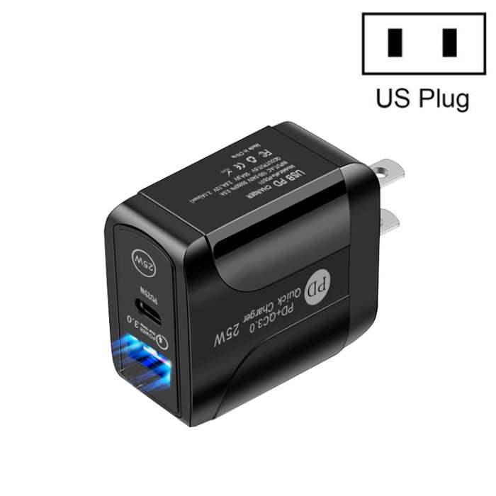 Cargador rápido de dos puertos USB PD25W USB-C / Type-C + QC3.0, enchufe de EE. UU., US Plug