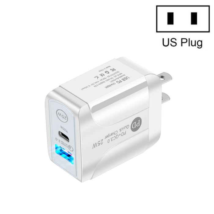 Cargador rápido de dos puertos USB PD25W USB-C / Type-C + QC3.0, enchufe de EE. UU., US Plug