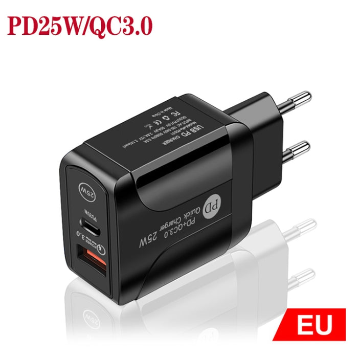 Cargador rápido de dos puertos USB PD25W USB-C / Type-C + QC3.0, enchufe de la UE, EU Plug