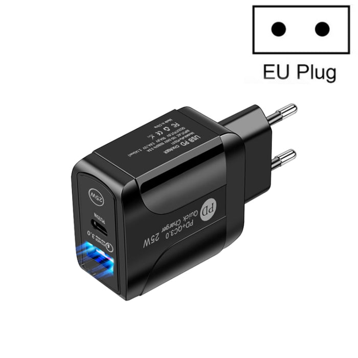 Cargador rápido de dos puertos USB PD25W USB-C / Type-C + QC3.0, enchufe de la UE, EU Plug