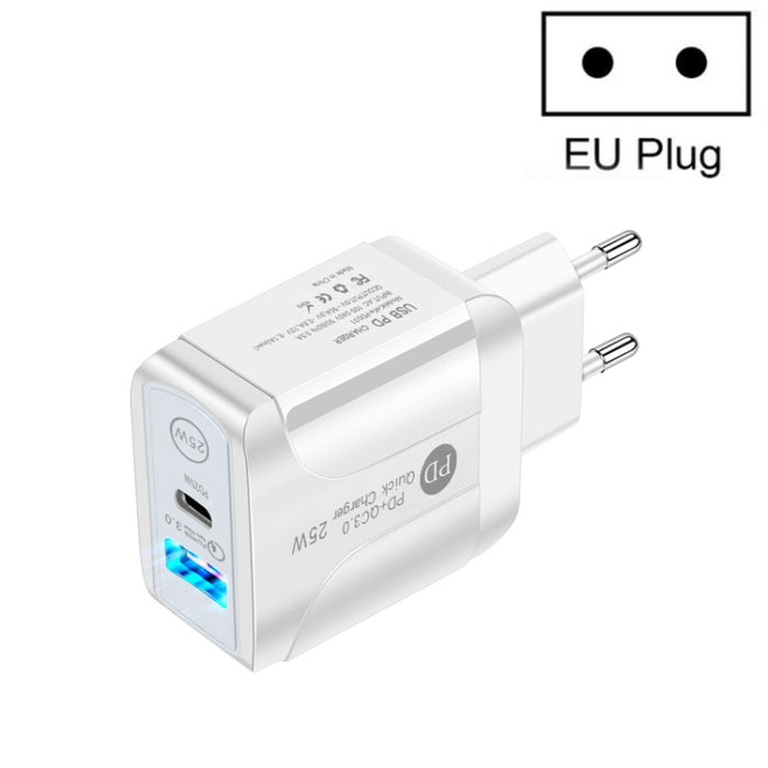 Cargador rápido de dos puertos USB PD25W USB-C / Type-C + QC3.0, enchufe de la UE, EU Plug