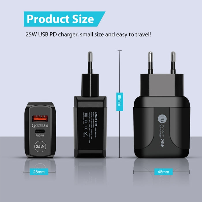 Cargador rápido de dos puertos USB PD25W USB-C / Type-C + QC3.0, enchufe de la UE, EU Plug