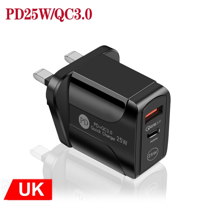 Cargador rápido de dos puertos USB PD25W USB-C / Type-C + QC3.0, enchufe de Reino Unido, UK Plug