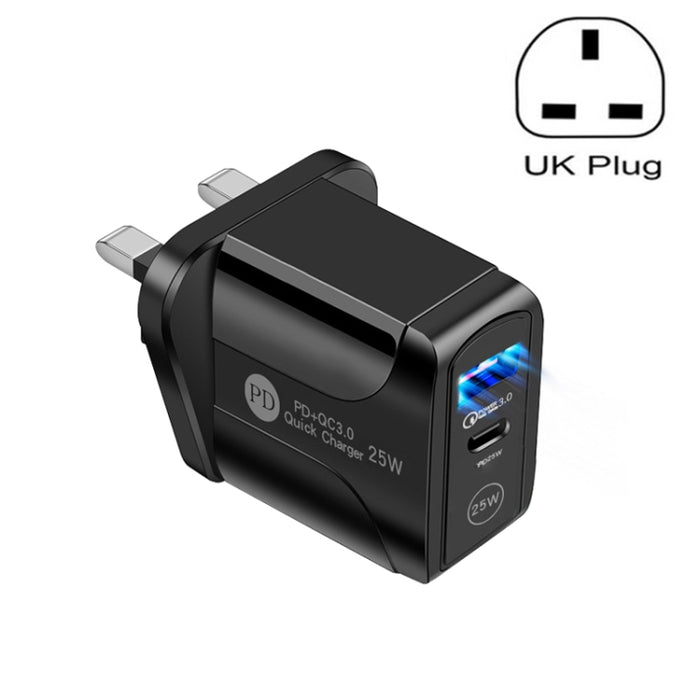 Cargador rápido de dos puertos USB PD25W USB-C / Type-C + QC3.0, enchufe de Reino Unido, UK Plug
