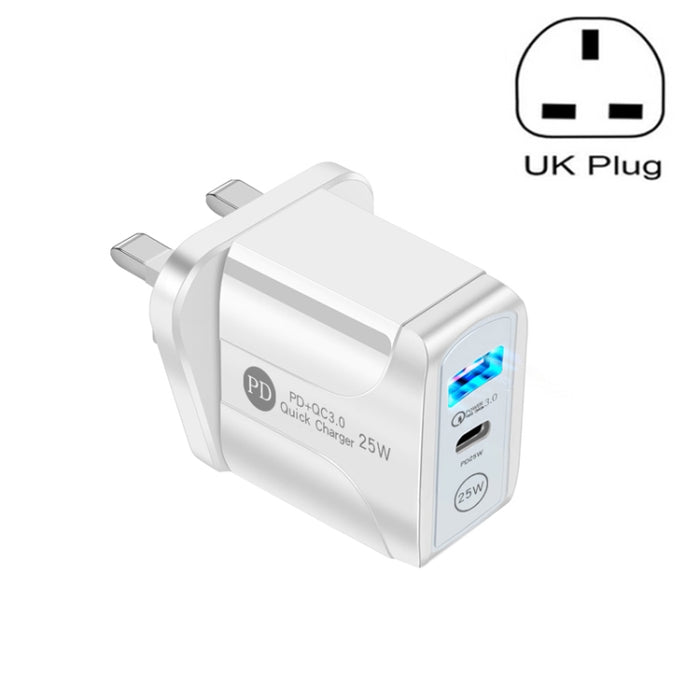 Cargador rápido de dos puertos USB PD25W USB-C / Type-C + QC3.0, enchufe de Reino Unido, UK Plug