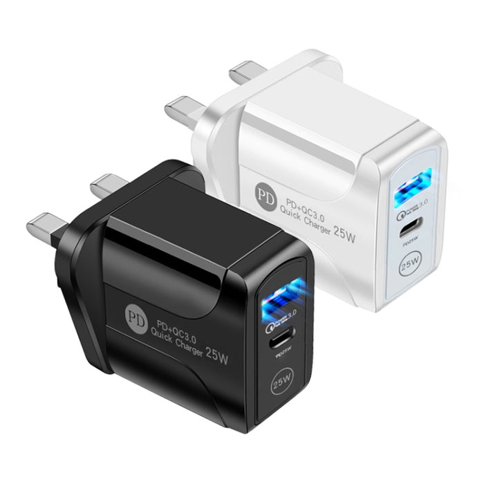 Cargador rápido de dos puertos USB PD25W USB-C / Type-C + QC3.0, enchufe de Reino Unido, UK Plug