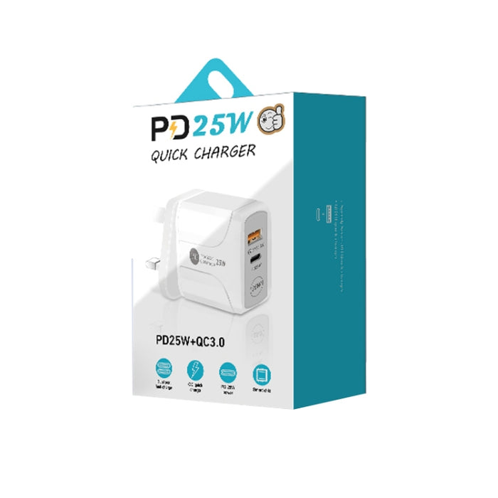 Cargador rápido de dos puertos USB PD25W USB-C / Type-C + QC3.0, enchufe de Reino Unido, UK Plug