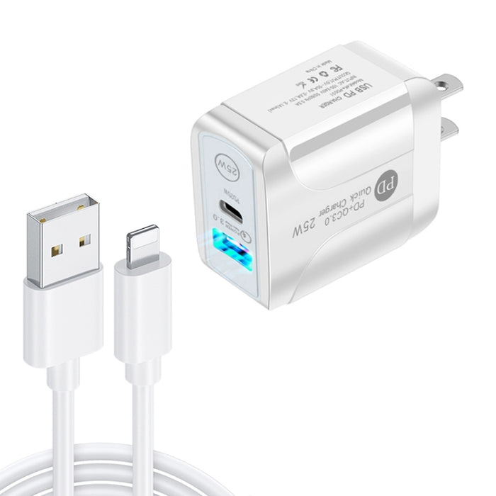 PD25W USB-C / Type-C + QC3.0 Cargador rápido de puertos duales USB con USB a cable de datos de 8 pines, enchufe de EE. UU., US Plug + USB to 8 Pin Cable