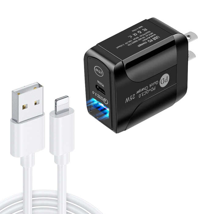 PD25W USB-C / Type-C + QC3.0 Cargador rápido de puertos duales USB con USB a cable de datos de 8 pines, enchufe de EE. UU., US Plug + USB to 8 Pin Cable