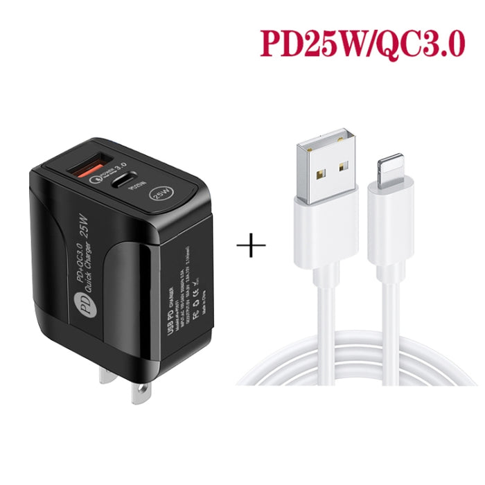 PD25W USB-C / Type-C + QC3.0 Cargador rápido de puertos duales USB con USB a cable de datos de 8 pines, enchufe de EE. UU., US Plug + USB to 8 Pin Cable